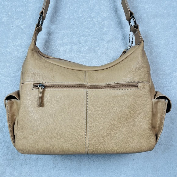 Vintage Tignanello Cargo Hobo Shoulder Bag Pebbled Leather Canvas Strap Tan Nude - Picture 5 of 15